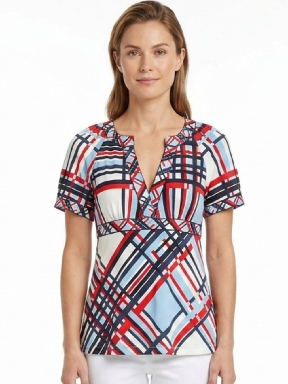 BCBG Abstract Check Print Empire Waist Stretch Top- Sz XXS